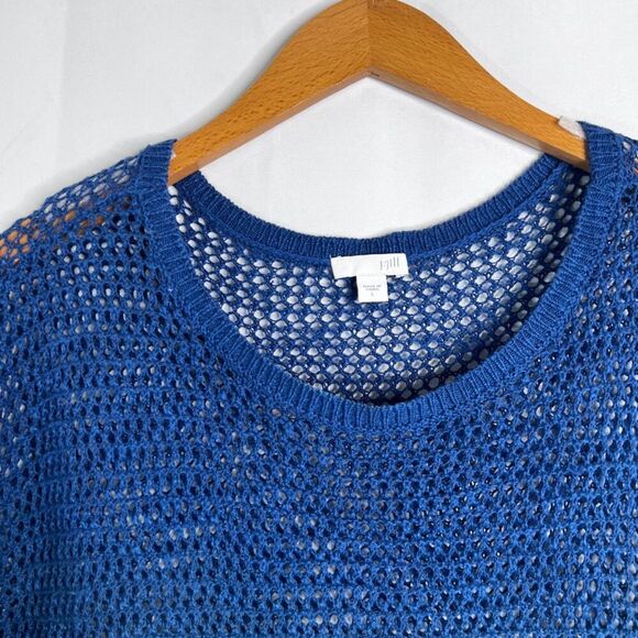 J Jill Blue Linen Blend Open Weave Knit Pullover Drop Sleeve Tunic Top Sz Large - Picture 4 of 11